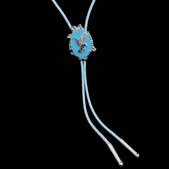 Western Aqua Blue & Silver Tone Eagle Bolo Tie Necklace (4736, 1-2) - Picture 2 of 6